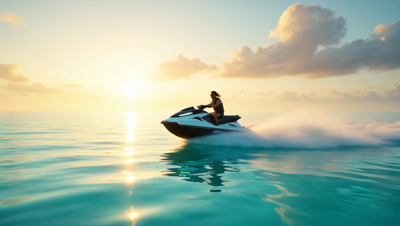 Mit jelent jetskivel álmodni? – Részletes álomfejtés és értelmezés Egy jetskiző személy a naplementében, nyugodt vízen haladva.