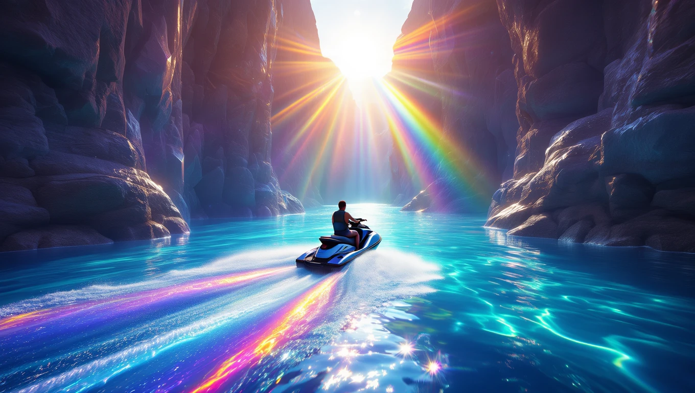 Mit jelent jetskivel álmodni? – Részletes álomfejtés és értelmezés Egy jetskiző személy a kék vízen, napfény és szivárvány fények között.
