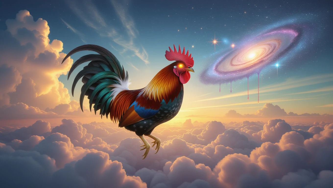 Színes kakas lebeg a felhők felett, háttérben galaxis és csillagok.