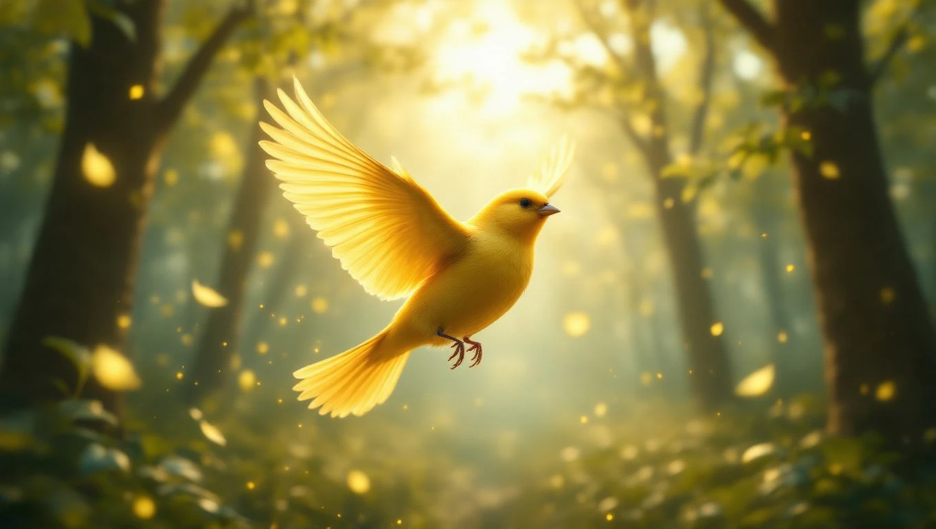 Mit jelent kanárival álmodni? – Részletes álomfejtés és értelmezés Egy boldog kanári repül a napfényben, zöld erdő háttérrel.