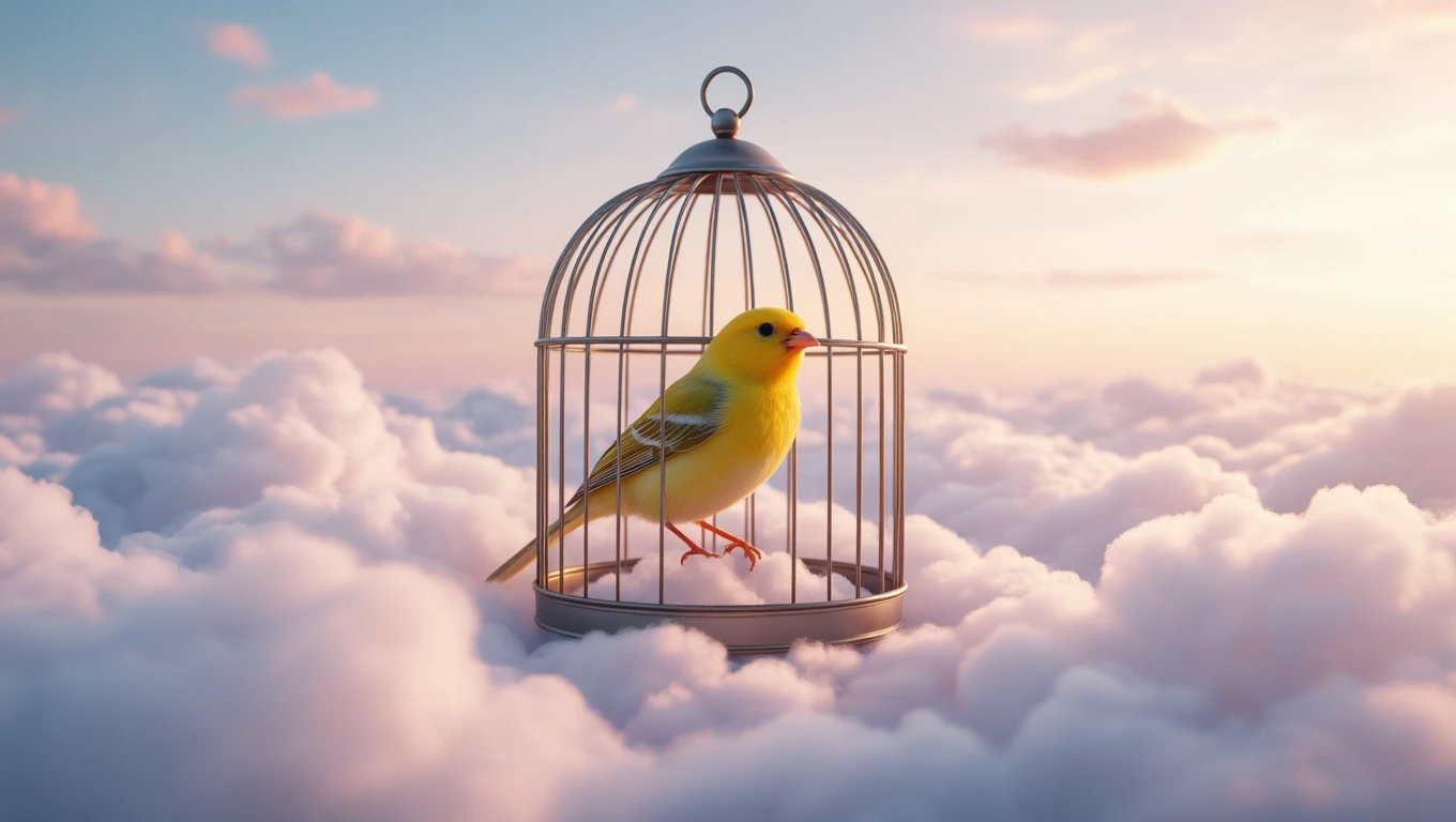 Mit jelent kanárival álmodni? – Részletes álomfejtés és értelmezés Egy kanári ül egy aranykalitkában, felhők között, naplementés háttérrel.