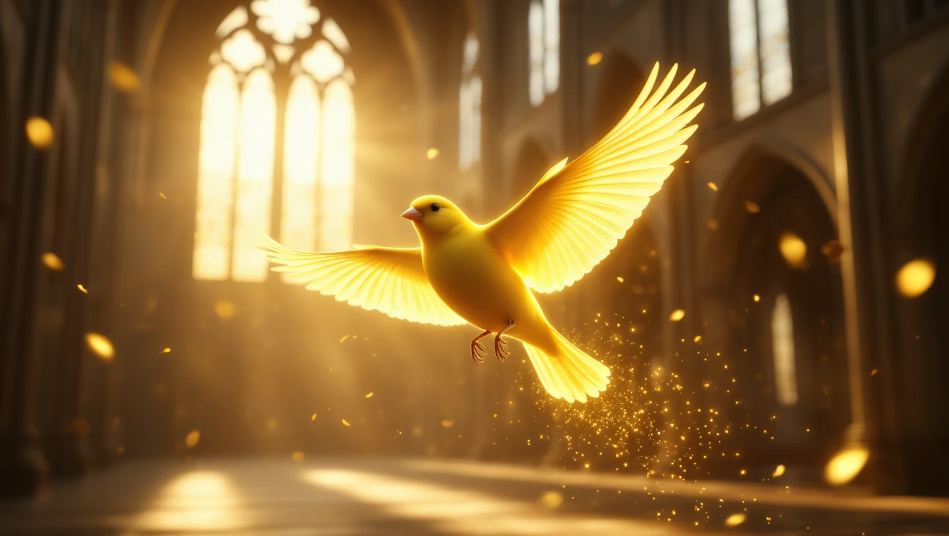 Mit jelent kanárival álmodni? – Részletes álomfejtés és értelmezés Egy sárga kanári repül a fényben, csillogó szárnyakkal és aranyporral körülvéve.