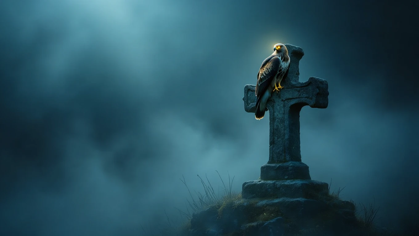 Mit jelent karvallyal álmodni? – Részletes álomfejtés és értelmezés Egy karvaly ül egy kereszt alakú sírkövön, ködös háttérben.