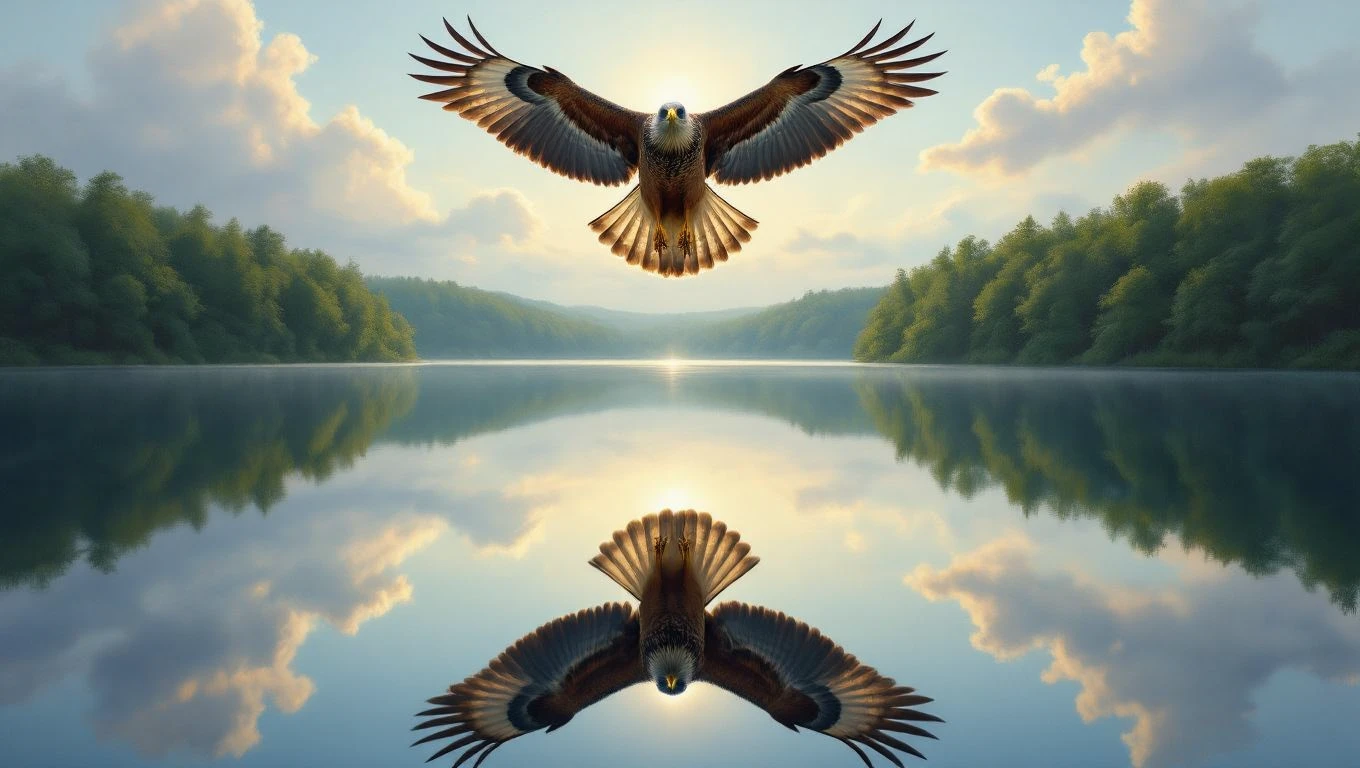 Mit jelent karvallyal álmodni? – Részletes álomfejtés és értelmezés Egy karvaly repül a víz felett, tükröződve a víz felszínén.