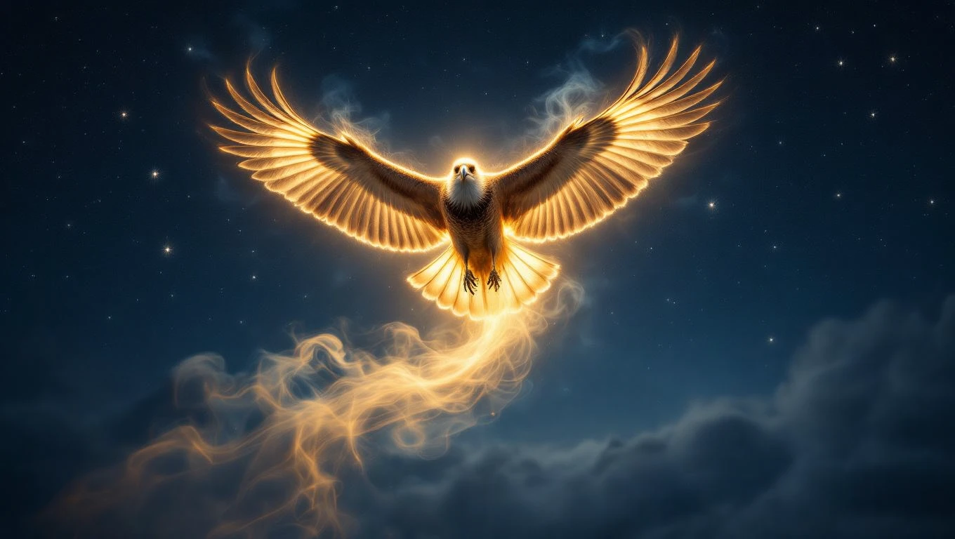 Mit jelent karvallyal álmodni? – Részletes álomfejtés és értelmezés Egy karvaly szárnyal a csillagos éjszakában, fénnyel körülvéve.