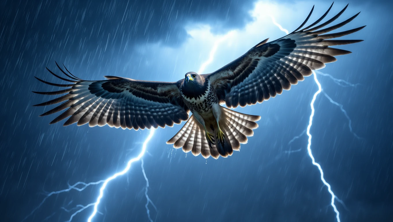Mit jelent karvallyal álmodni? – Részletes álomfejtés és értelmezés Egy karvaly repül a viharos égbolt alatt, villámokkal körülvéve.