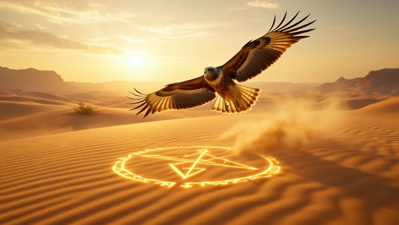 Mit jelent karvallyal álmodni? – Részletes álomfejtés és értelmezés Egy karvaly repül a sivatag felett, a homokban mágikus jel látható.