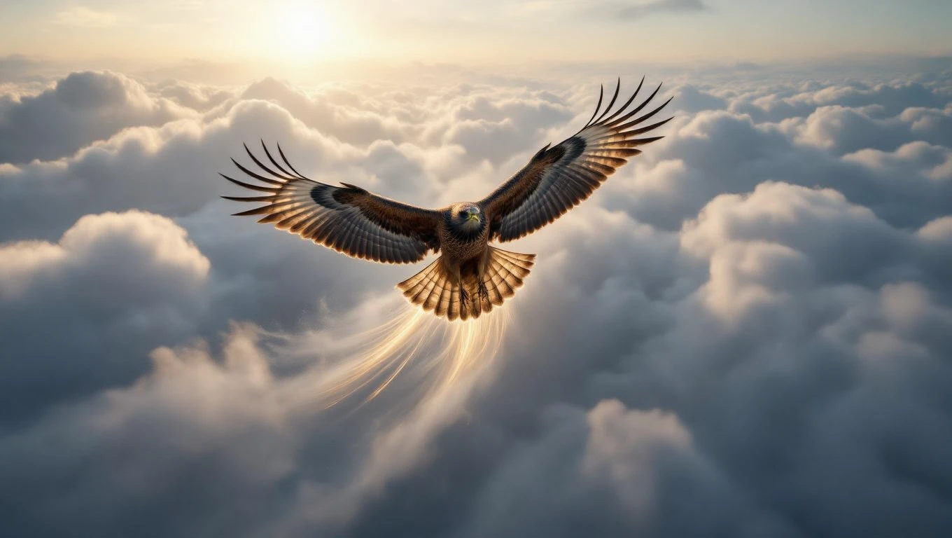 Mit jelent karvallyal álmodni? – Részletes álomfejtés és értelmezés Egy karvaly repül a felhők felett, szárnyai szépen kiterjesztve.
