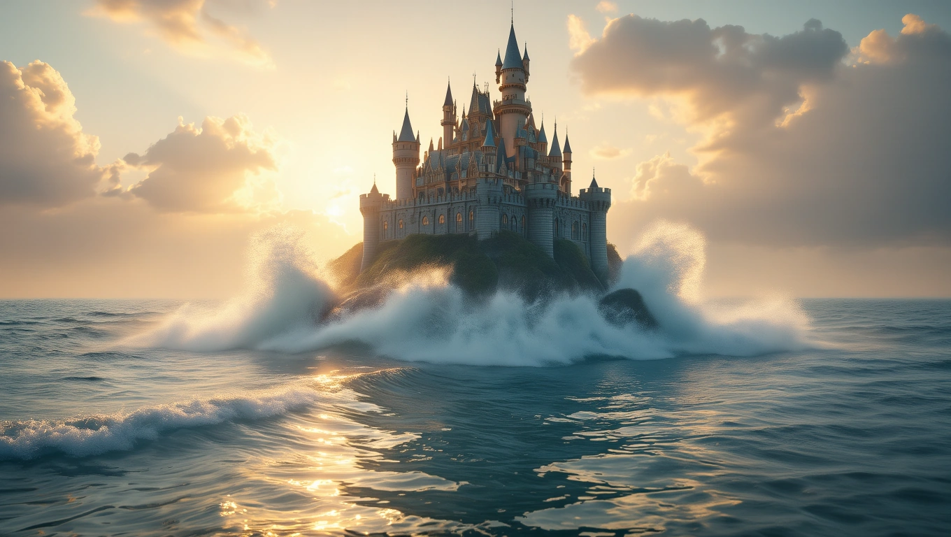 Mit jelent kastéllyal álmodni? – Részletes álomfejtés és értelmezés Egy gyönyörű kastély áll egy szigeten, körülötte hullámzó tenger és naplemente.