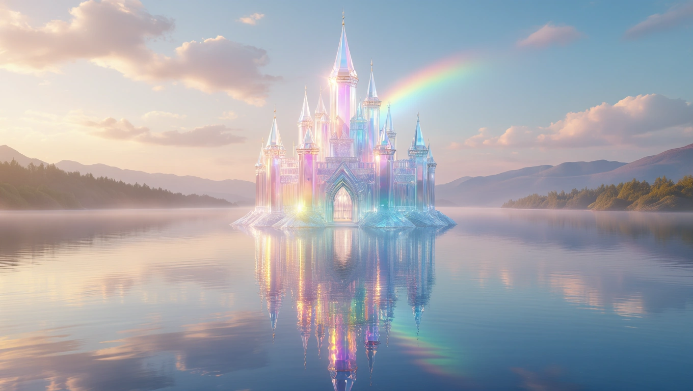 Mit jelent kastéllyal álmodni? – Részletes álomfejtés és értelmezés Egy csillogó kastély áll a víz tükrén, szivárvány ível felette.