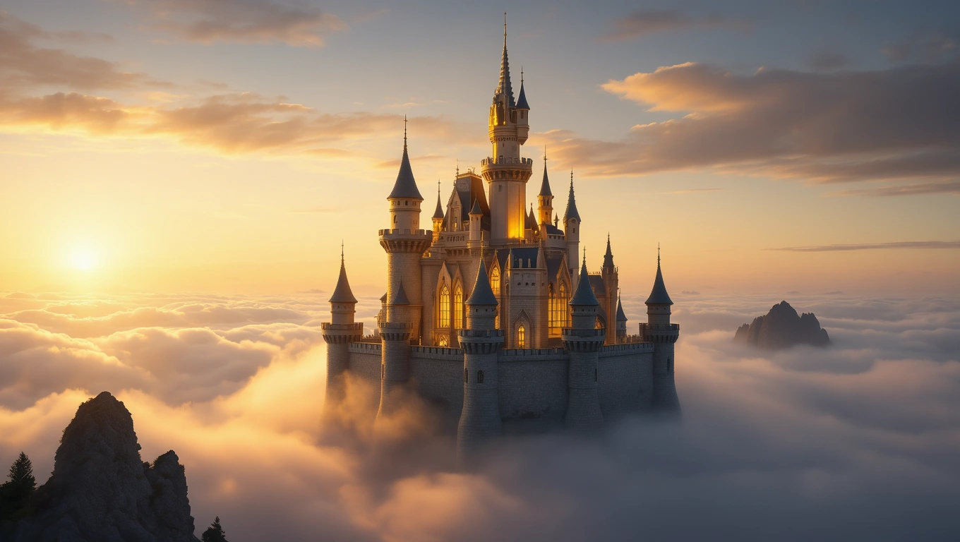 Mit jelent kastéllyal álmodni? – Részletes álomfejtés és értelmezés Egy mesebeli kastély, amely a felhők felett ragyog a naplementében.