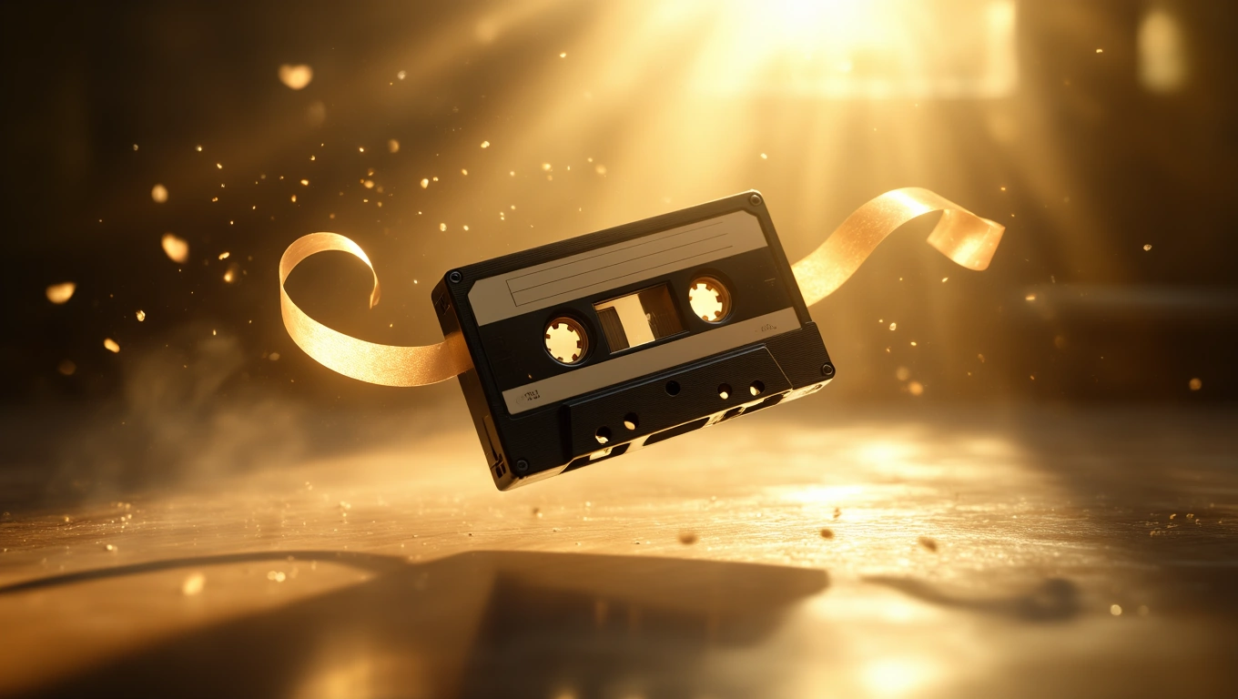 Mit jelent kazettával álmodni? – Részletes álomfejtés és értelmezés Egy lebegő kazetta, amelyből szalag lóg ki, fényben ragyogva.