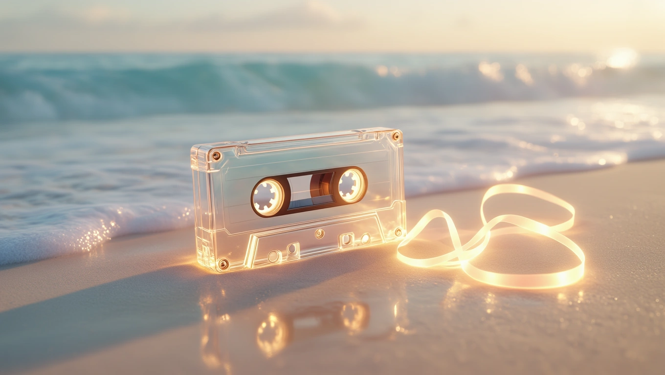 Mit jelent kazettával álmodni? – Részletes álomfejtés és értelmezés Egy kazetta fekszik a tengerparton, a hullámok közelében, fényes szalaggal.