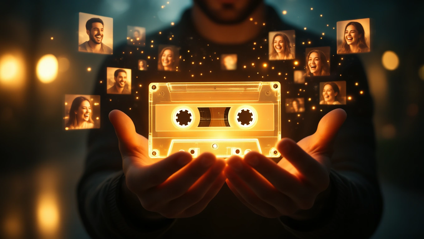 Mit jelent kazettával álmodni? – Részletes álomfejtés és értelmezés Egy férfi kezében egy aranyszínű kazetta, körülötte boldog arcok lebegnek.