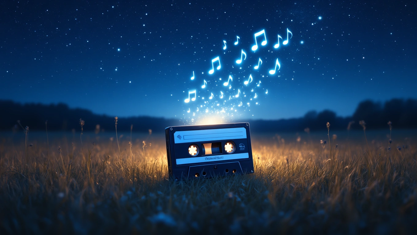 Mit jelent kazettával álmodni? – Részletes álomfejtés és értelmezés Egy kazetta fekszik a fűben, körülötte csillagok és zenejegyek lebegnek.