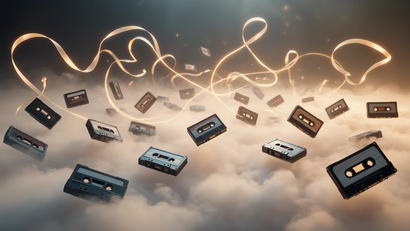 Mit jelent kazettával álmodni? – Részletes álomfejtés és értelmezés Kazetták lebegnek a felhők felett, szalagokkal körülvéve, álomszerű háttérben.