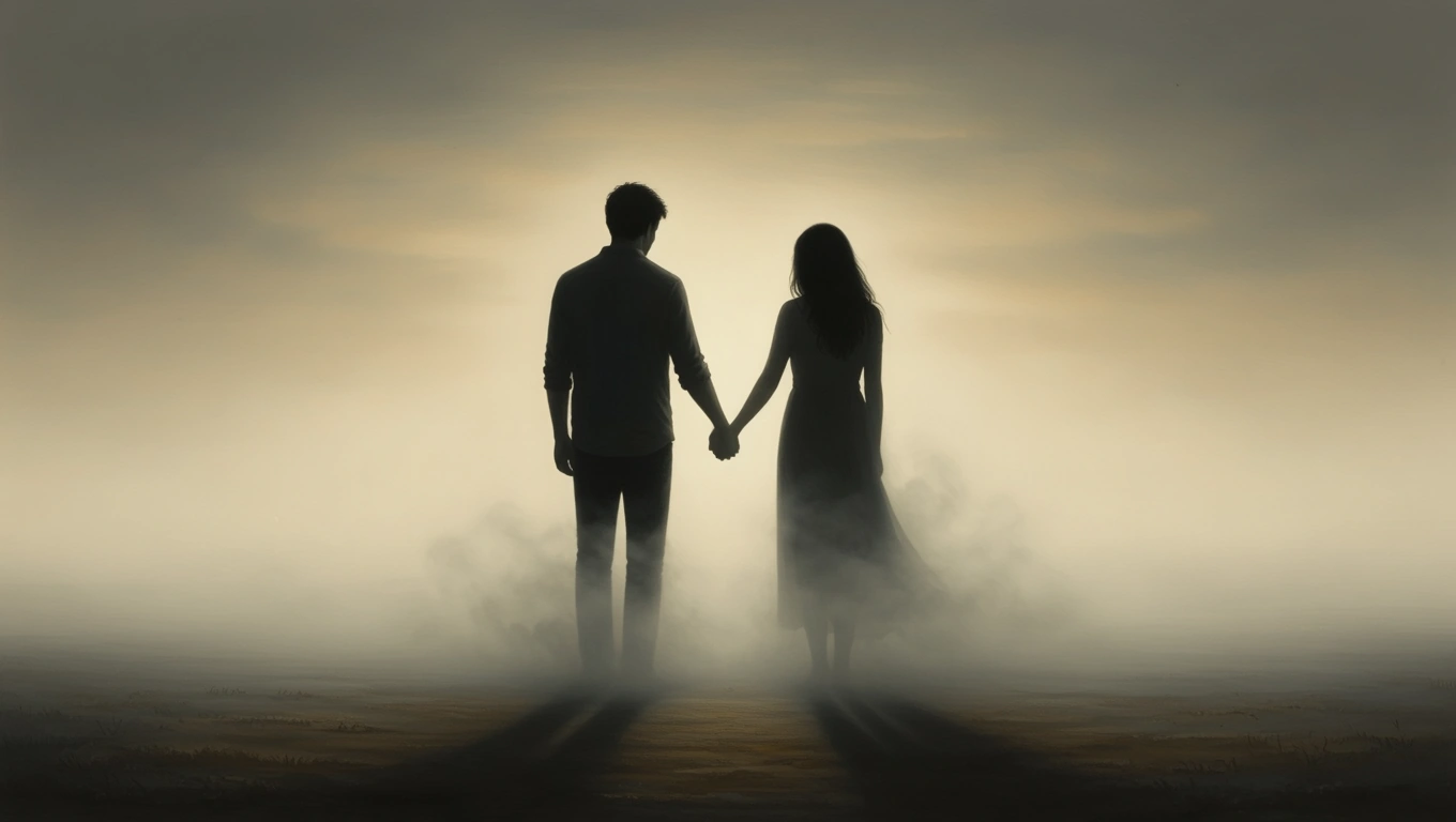 Mit jelent ha azt álmodom hogy a párom meghal? – Részletes álomfejtés és értelmezés Két ember kézen fogva áll egy ködös tájban, háttérben naplementével.