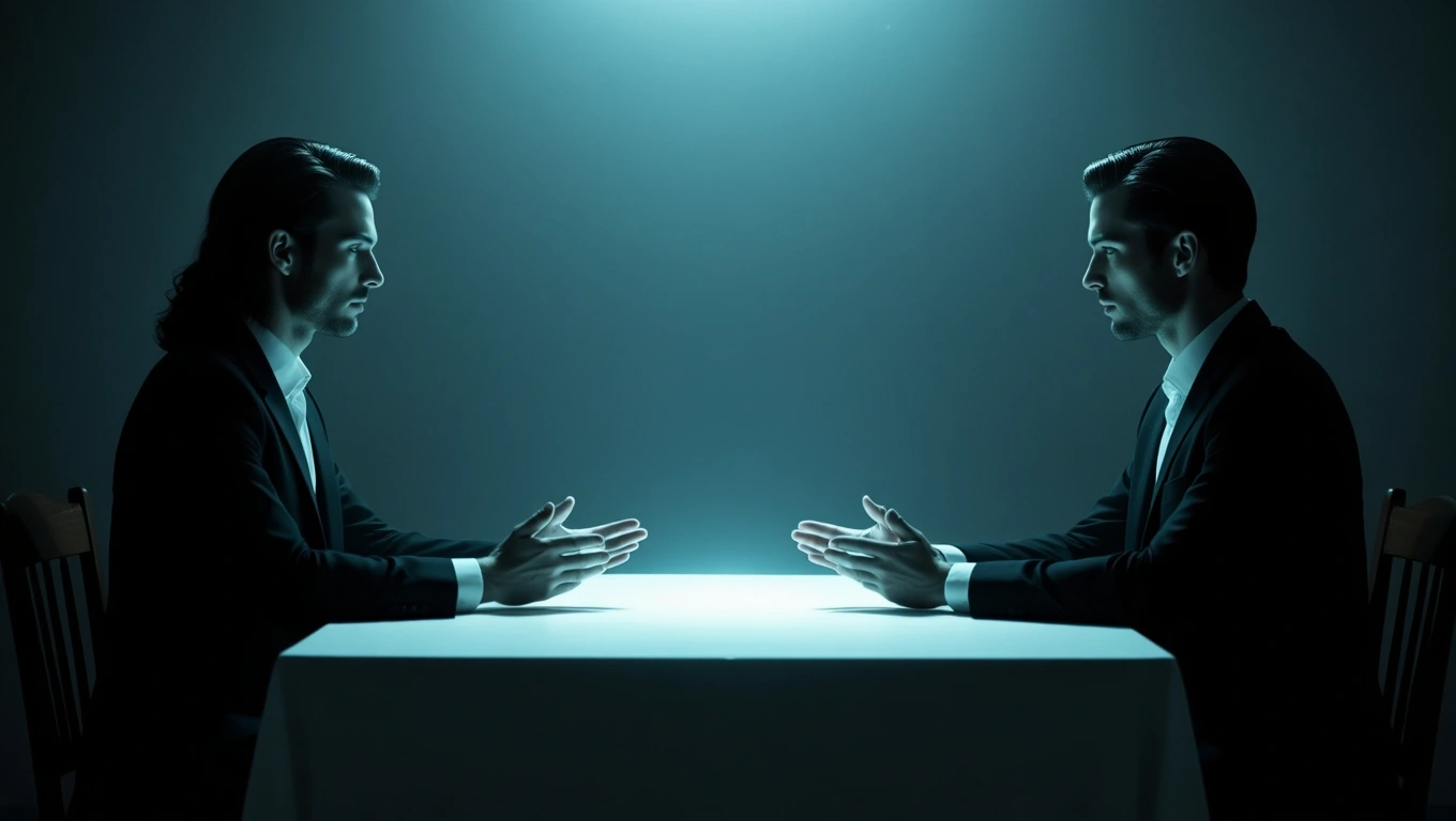 Mit jelent vendéggel álmodni? – Részletes álomfejtés és értelmezés Két férfi ül egy asztalnál, szemben egymással, komoly arckifejezéssel.