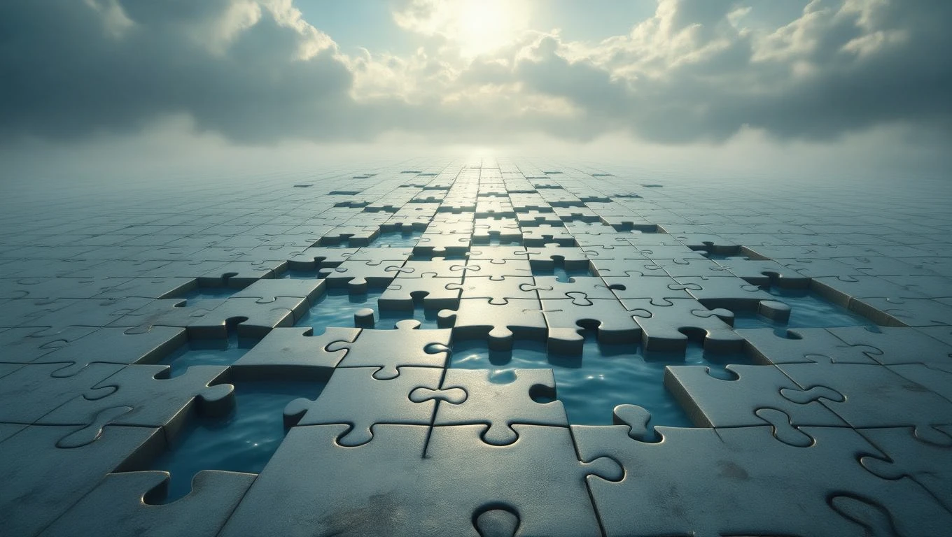 Mit jelent puzzlevel álmodni? – Részletes álomfejtés és értelmezés Egy kirakós játék darabjai víz alatt, a háttérben felhős égbolt.