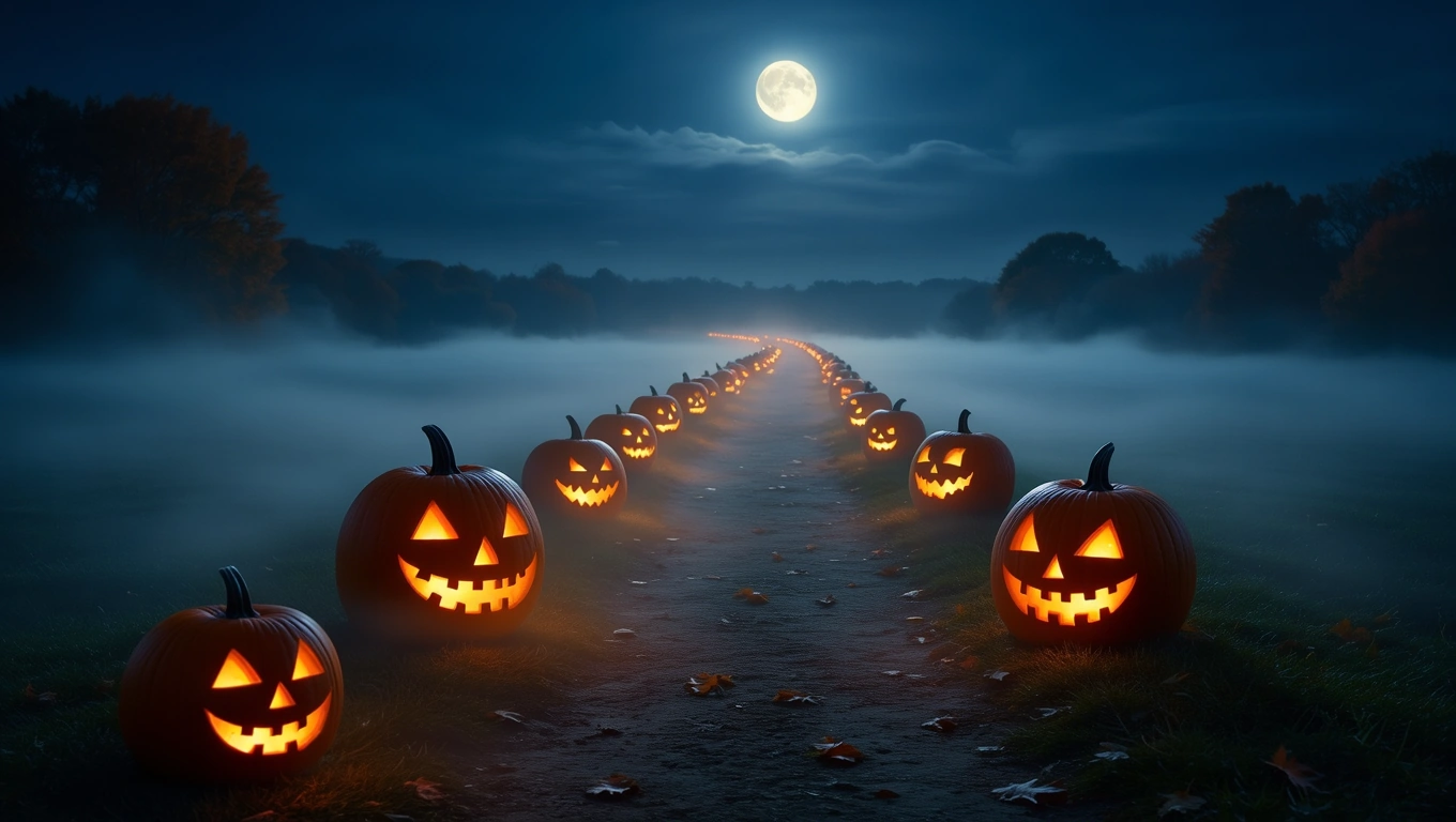 Mit jelent tökfaragásról álmodni? – Részletes álomfejtés és értelmezés Kivilágított tökök sorakoznak egy ködös úton, telihold világítja meg a tájat.