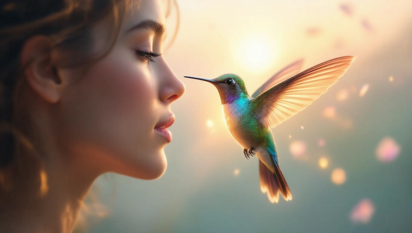 Egy nő arca mellett lebegő kolibri, színes tollakkal és lágy fényekkel.