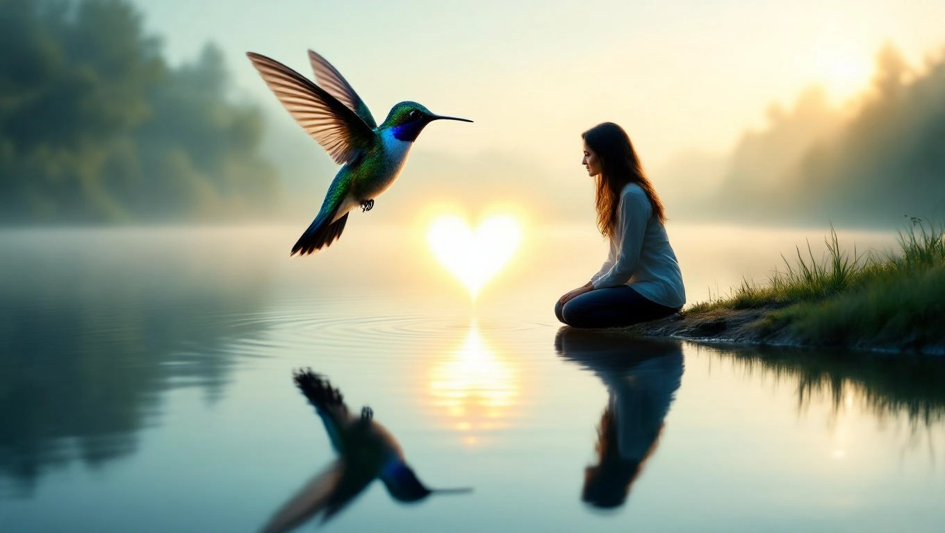 Mit jelent kolibrivel álmodni? – Részletes álomfejtés és értelmezés Egy kolibri repül egy nő előtt, aki a vízparton ül, szív alakú fényben.