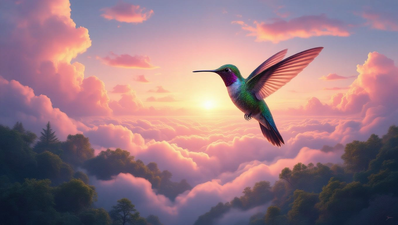 Mit jelent kolibrivel álmodni? – Részletes álomfejtés és értelmezés Színes kolibri repül a felhők felett naplementében, gyönyörű háttérrel.