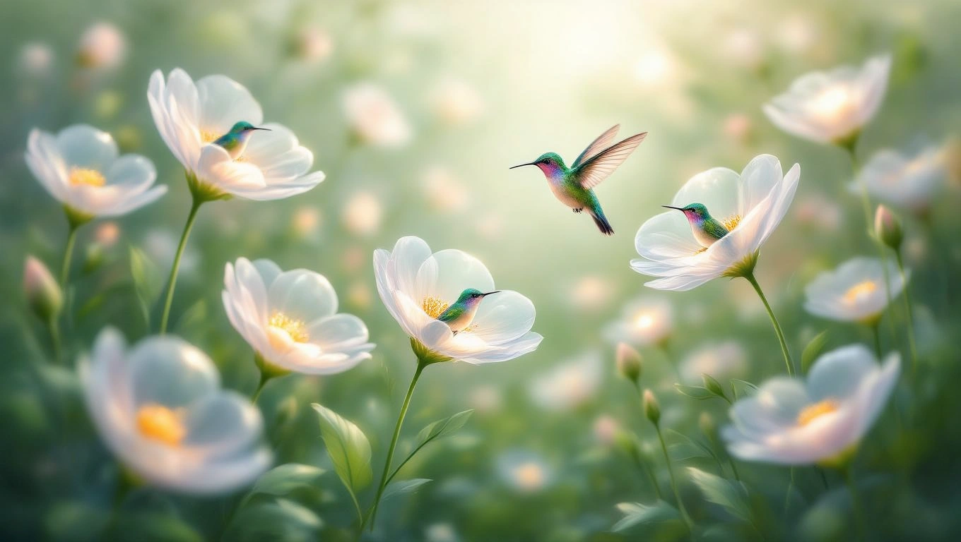 Mit jelent kolibrivel álmodni? – Részletes álomfejtés és értelmezés Két kolibri repül virágok között, színes és élénk környezetben.