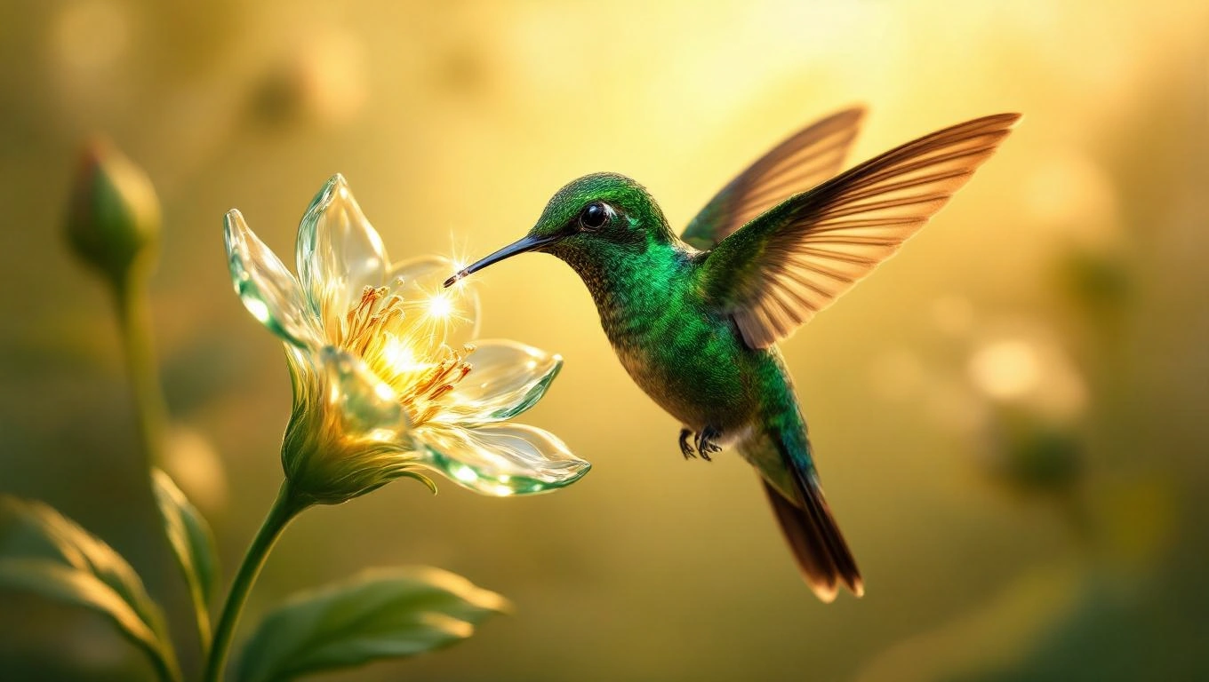 Mit jelent kolibrivel álmodni? – Részletes álomfejtés és értelmezés Egy kolibri virágra száll, csillogó nektárt gyűjtve a napfényben.