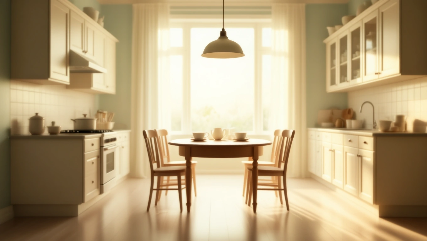 Mit jelent konyhabútorral álmodni? – Részletes álomfejtés és értelmezés Világos, modern konyha, középen egy kerek asztallal és székekkel.