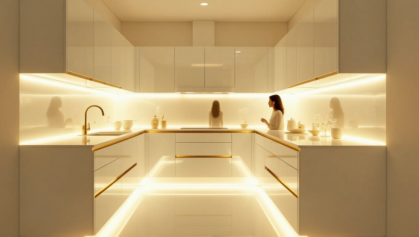Mit jelent konyhabútorral álmodni? – Részletes álomfejtés és értelmezés Modern, világos konyha, amelyben egy nő áll a pultnál, érzelmekkel teli környezetben.