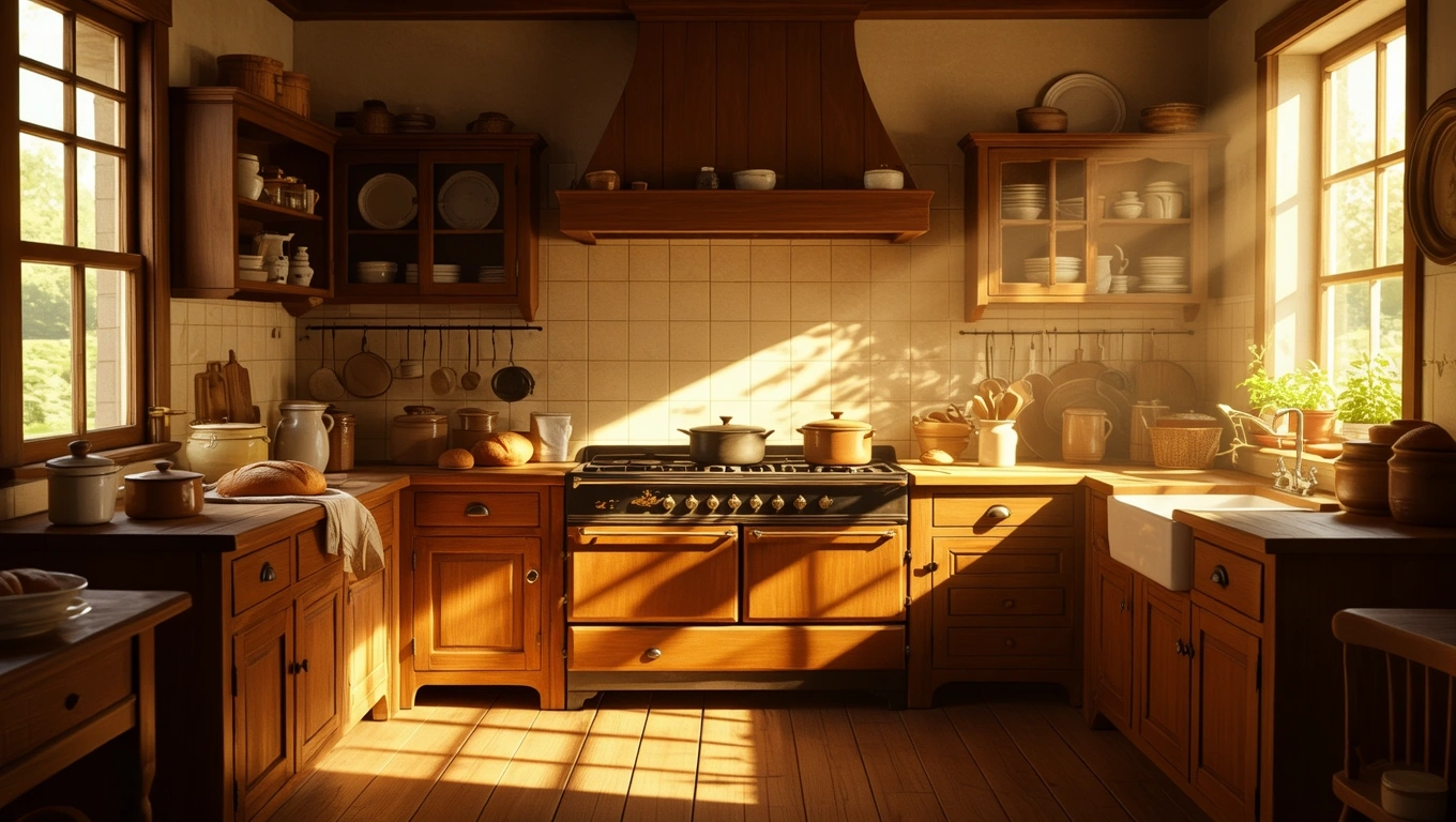 Mit jelent konyhabútorral álmodni? – Részletes álomfejtés és értelmezés Egy világos, fából készült konyha, tele edényekkel és bútorokkal.
