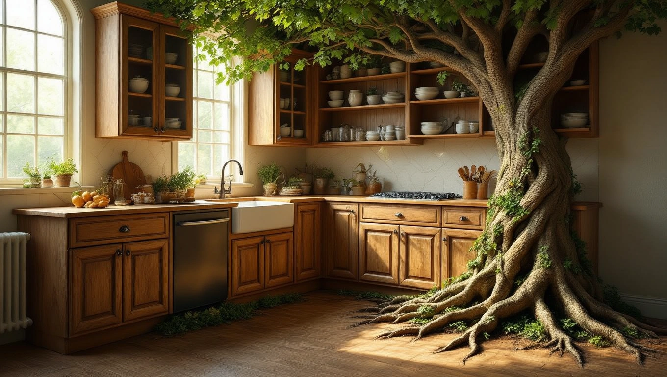 Mit jelent konyhabútorral álmodni? – Részletes álomfejtés és értelmezés Egy modern konyha, amelyben egy hatalmas fa gyökerei és lombjai találhatók.