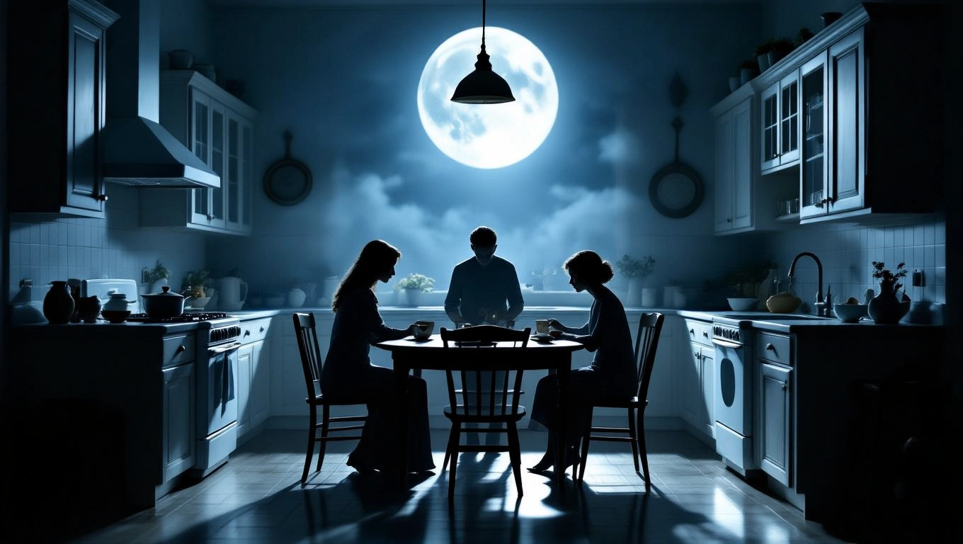 Mit jelent konyhabútorral álmodni? – Részletes álomfejtés és értelmezés Konyhában ülő emberek, a háttérben telihold világít, erőteljes érzelmekkel.