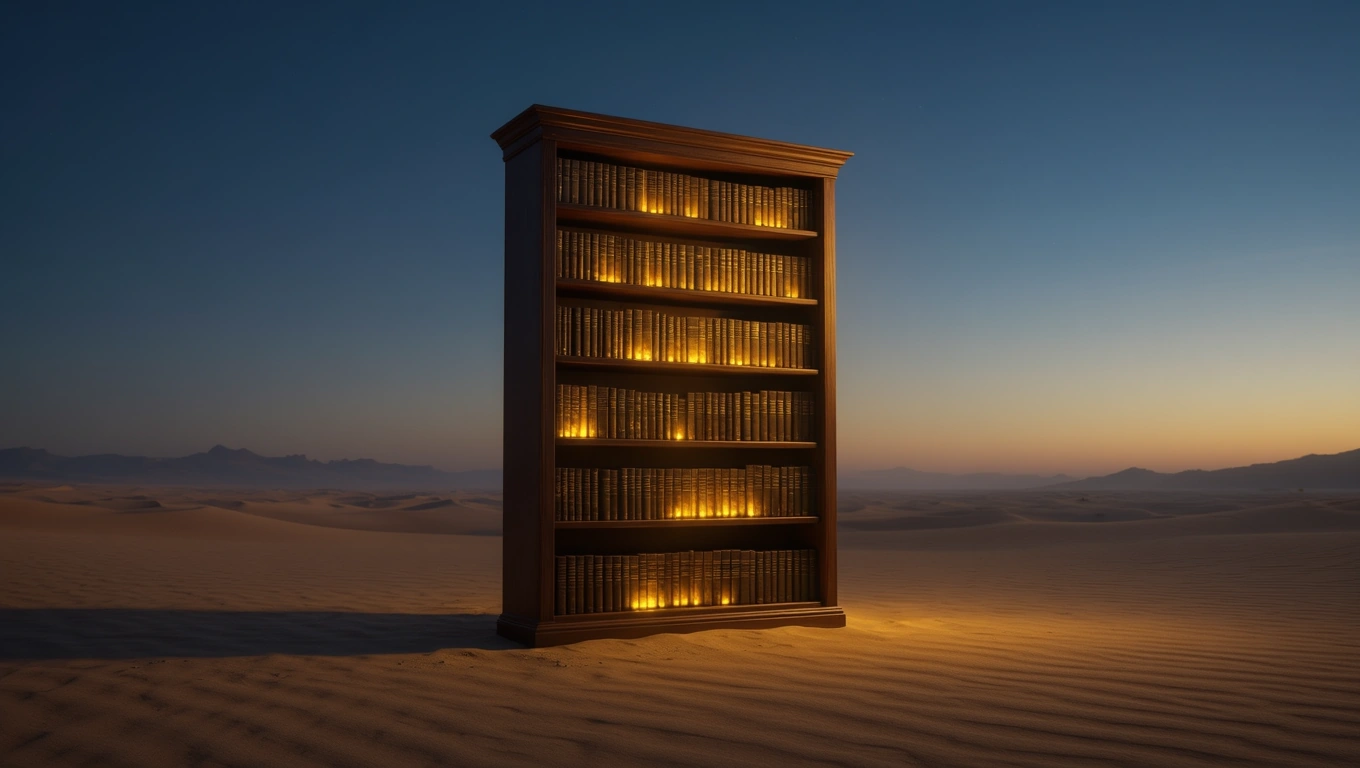 Mit jelent könyvespolccal álmodni? – Részletes álomfejtés és értelmezés Egy könyvespolc áll a sivatagban, meleg fények világítanak a könyvek között.