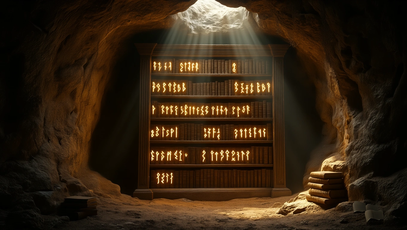 Mit jelent könyvespolccal álmodni? – Részletes álomfejtés és értelmezés Egy titkos barlangban álló könyvespolc, amelyen világító könyvek sorakoznak.