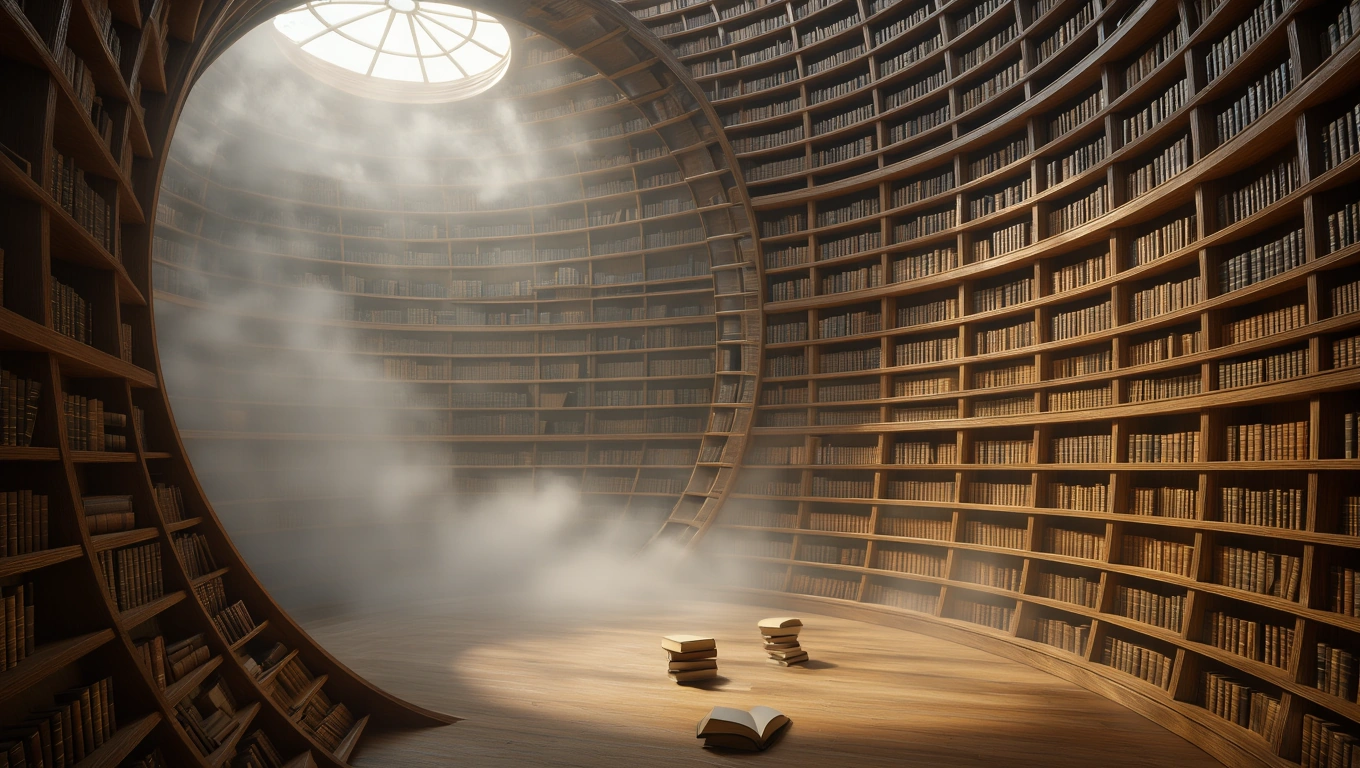 Mit jelent könyvespolccal álmodni? – Részletes álomfejtés és értelmezés Egy könyvespolc, amely tele van könyvekkel, fénnyel és köddel körülvéve.