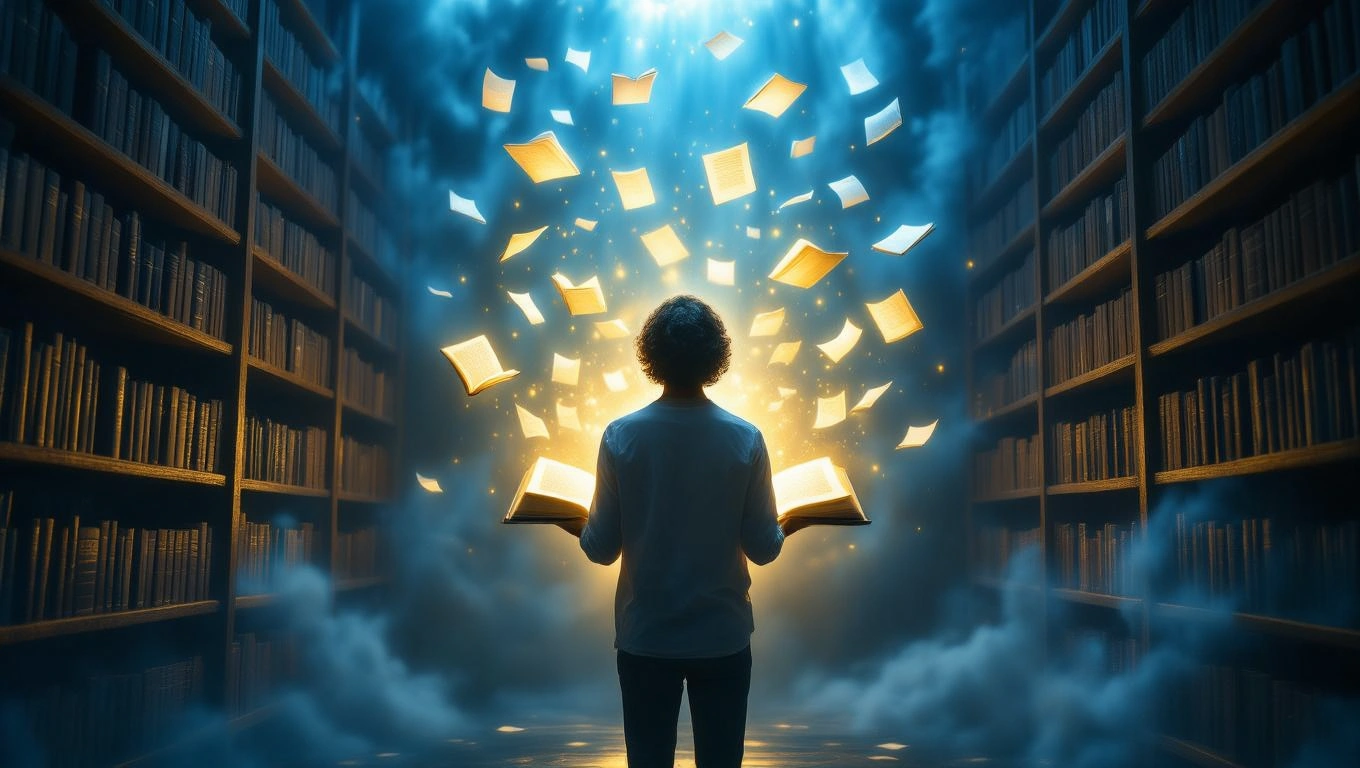Mit jelent könyvespolccal álmodni? – Részletes álomfejtés és értelmezés Egy könyvespolc előtt álló személy, aki nyitott könyvet tart a kezében, körülötte lebegő lapokkal.