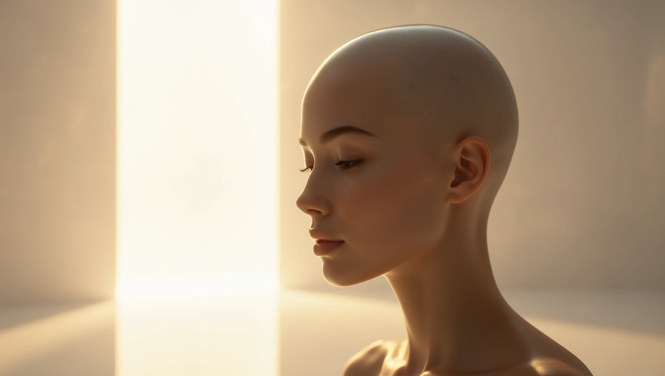 Mit jelent kopasz fejjel álmodni? – Részletes álomfejtés és értelmezés Egy kopasz fej profilja, amely a fény felé fordul, sebezhetőséget szimbolizálva.