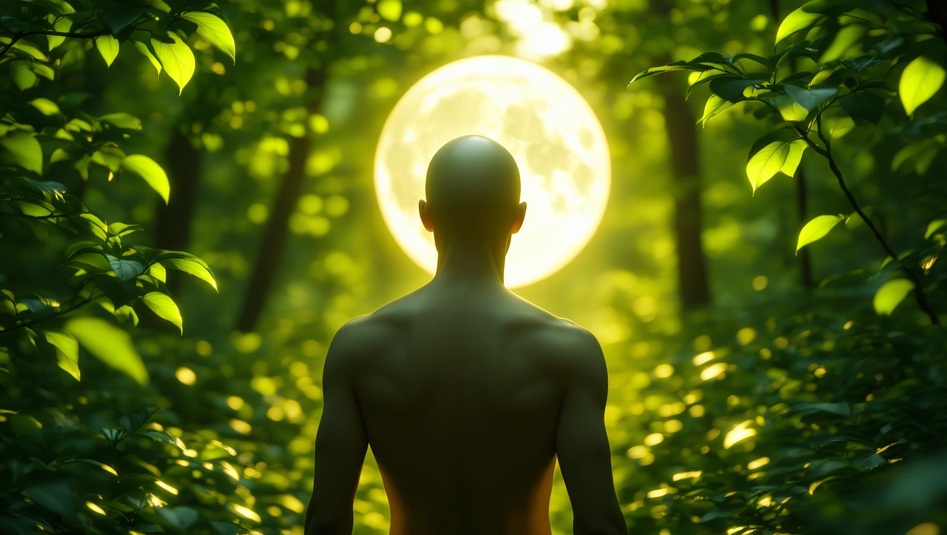 Mit jelent kopasz fejjel álmodni? – Részletes álomfejtés és értelmezés Egy kopasz férfi áll a zöld erdőben, háttérben a teliholddal.