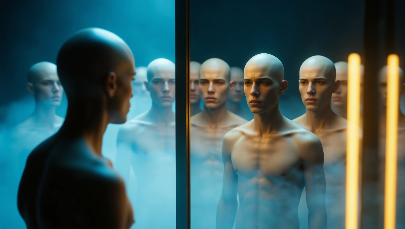 Mit jelent kopasz fejjel álmodni? – Részletes álomfejtés és értelmezés Kopasz fejű emberek tükör előtt, sejtekkel teli, misztikus légkörben.