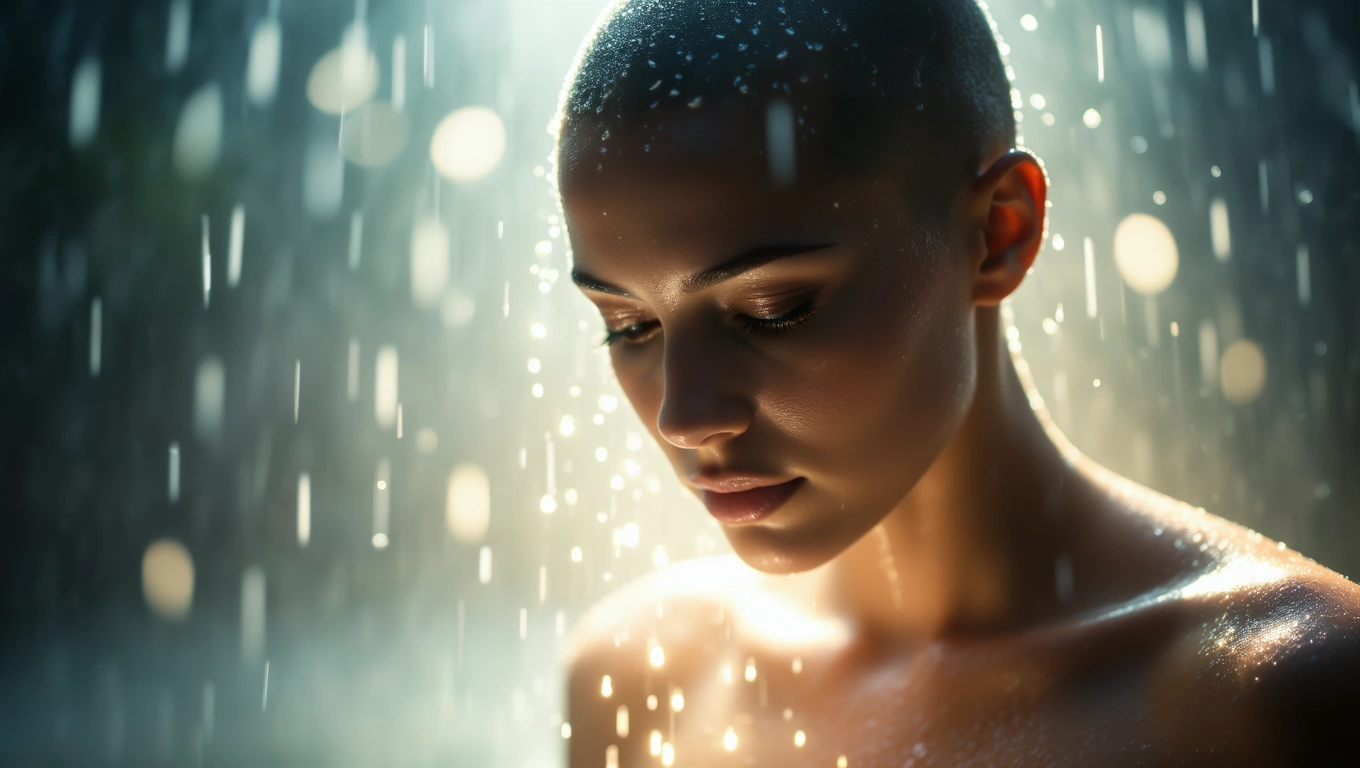Mit jelent kopasz fejjel álmodni? – Részletes álomfejtés és értelmezés Egy kopasz női figura, aki esőben áll, arca sebezhetőséget és mély érzelmeket tükröz.