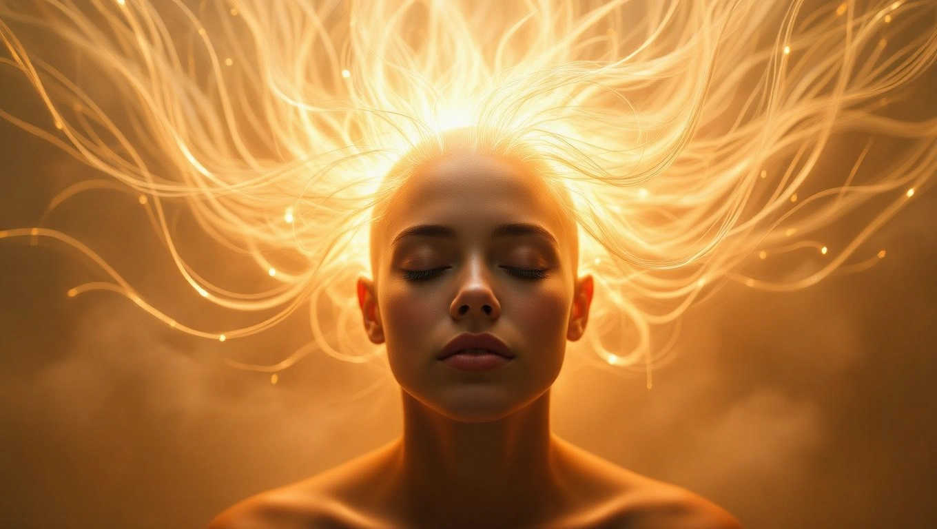 Mit jelent kopasz fejjel álmodni? – Részletes álomfejtés és értelmezés Egy nő kopasz feje, amelyből fényes szálak áradnak, szimbolizálva a megújulást.
