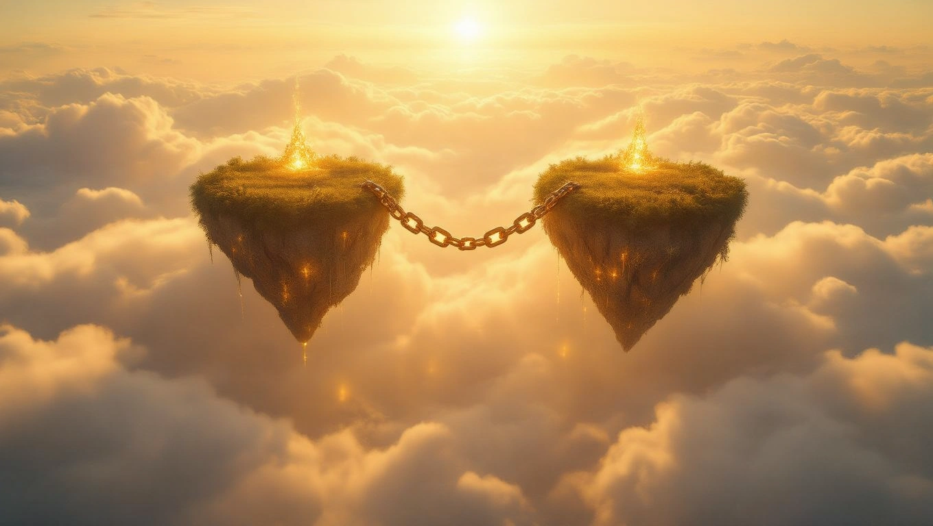 Mit jelent láncról álmodni? – Részletes álomfejtés és értelmezés Két lebegő szigetet összekötő aranylánc a felhők felett, naplementében.