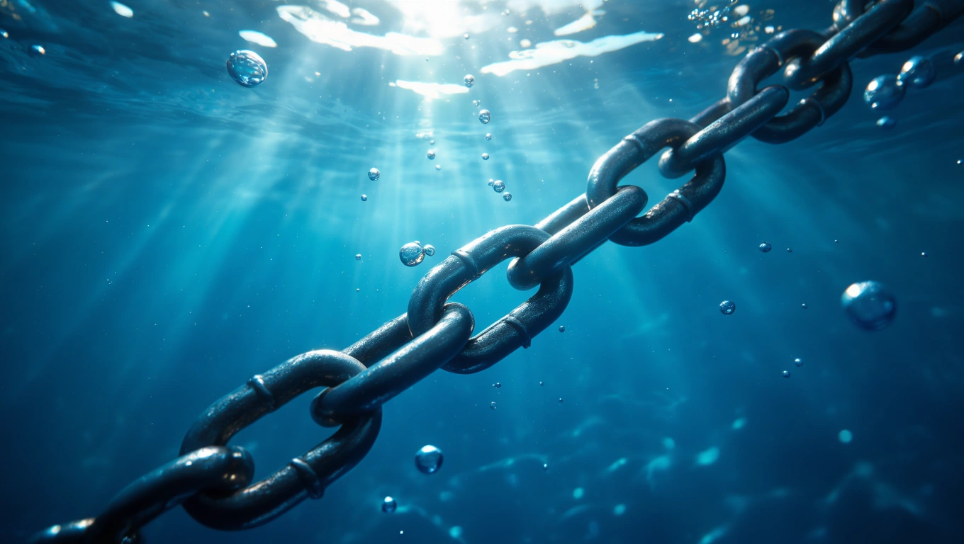 Mit jelent láncról álmodni? – Részletes álomfejtés és értelmezés Egy lánc látható a víz alatt, buborékokkal és fénycsóvákkal körülvéve.
