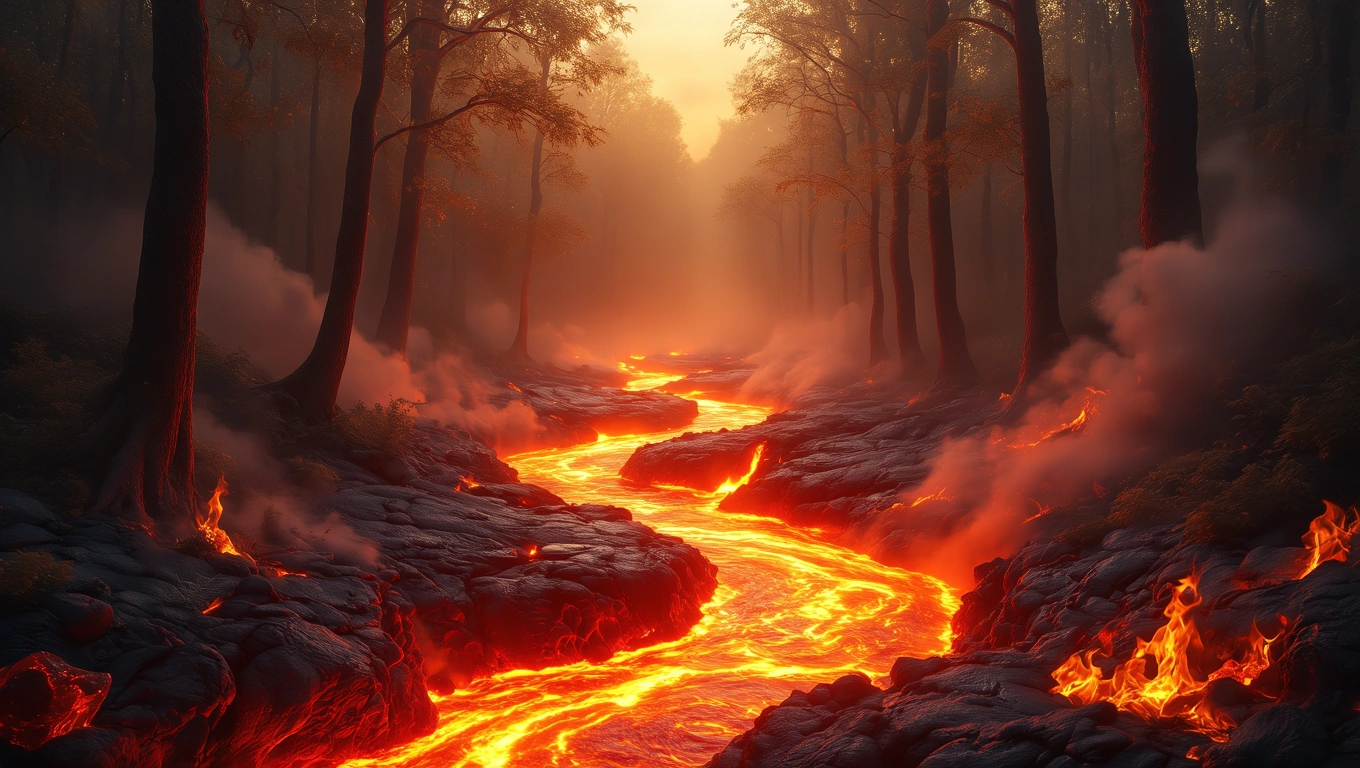 Mit jelent lávafolyammal álmodni? – Részletes álomfejtés és értelmezés Lávafolyam kanyarog egy sűrű erdőben, fák között füst száll.