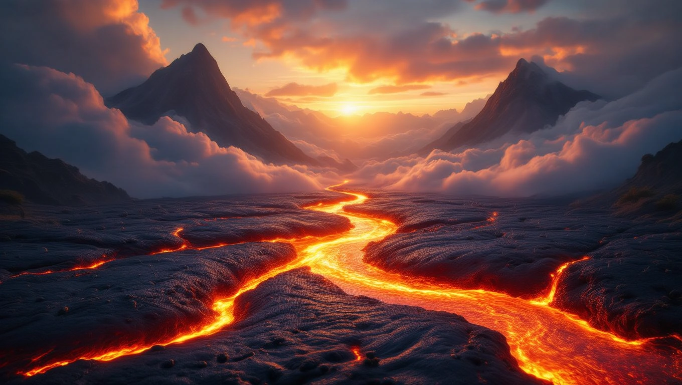 Mit jelent lávafolyammal álmodni? – Részletes álomfejtés és értelmezés Lávafolyam kanyarog a hegyek között, naplementében ragyogva.