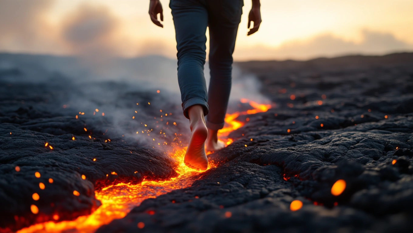 Mit jelent lávafolyammal álmodni? – Részletes álomfejtés és értelmezés Egy ember mezítláb sétál egy lávafolyamon, füst és izzó kövek között.