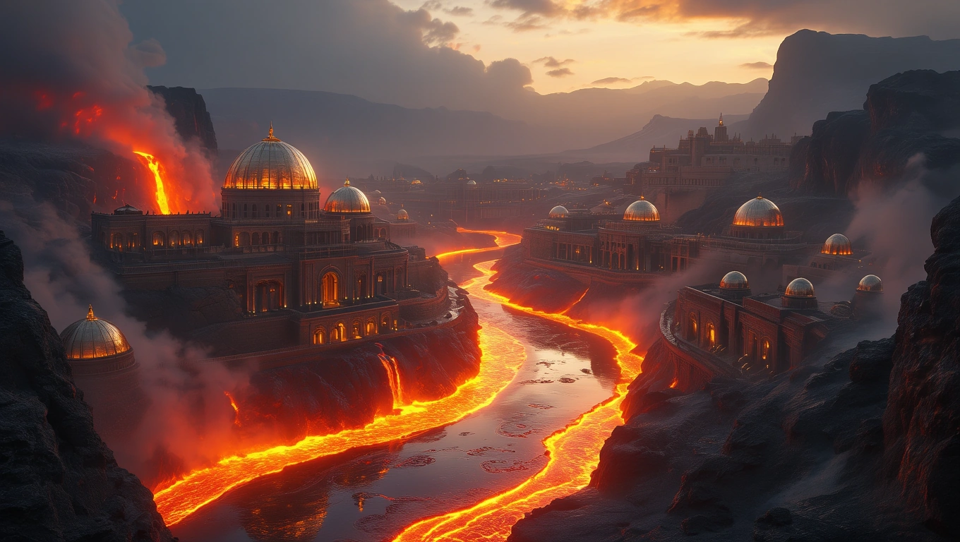 Mit jelent lávafolyammal álmodni? – Részletes álomfejtés és értelmezés Lávafolyam kanyarog egy gyönyörű város mellett, fémes kupolákkal.