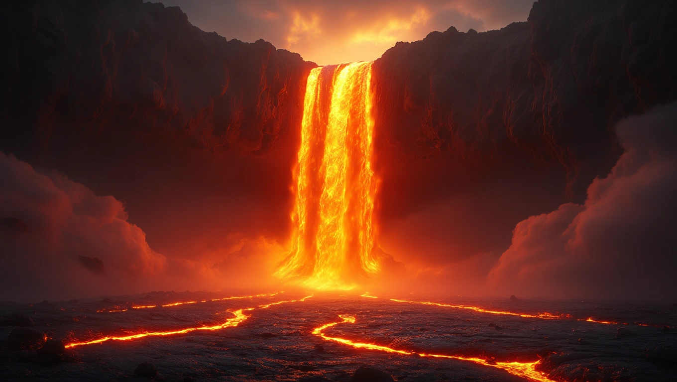 Mit jelent lávafolyammal álmodni? – Részletes álomfejtés és értelmezés Lávafolyam zuhatagként ömlik le egy sziklás területről, füsttel körülvéve.